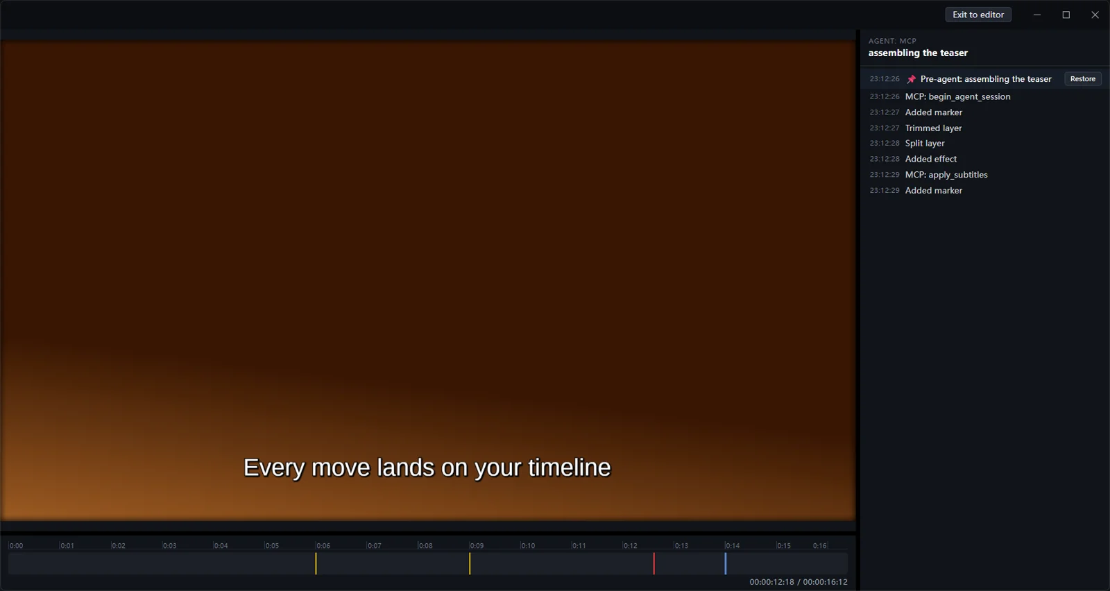 WeftCut in agent mode: a focused UI, with every agent move listed in the change feed beside the preview
