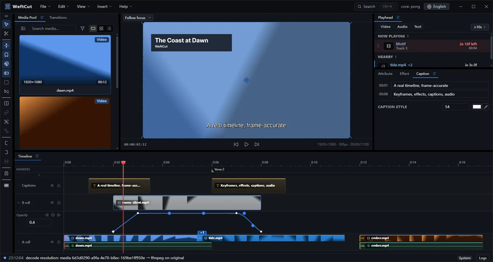 A styled caption on the program monitor, with the caption panel listing every cue beside it