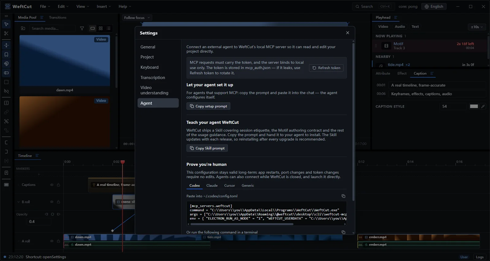 WeftCut's Agent settings: a paste-ready MCP config, and the Skill WeftCut ships for your agent to install