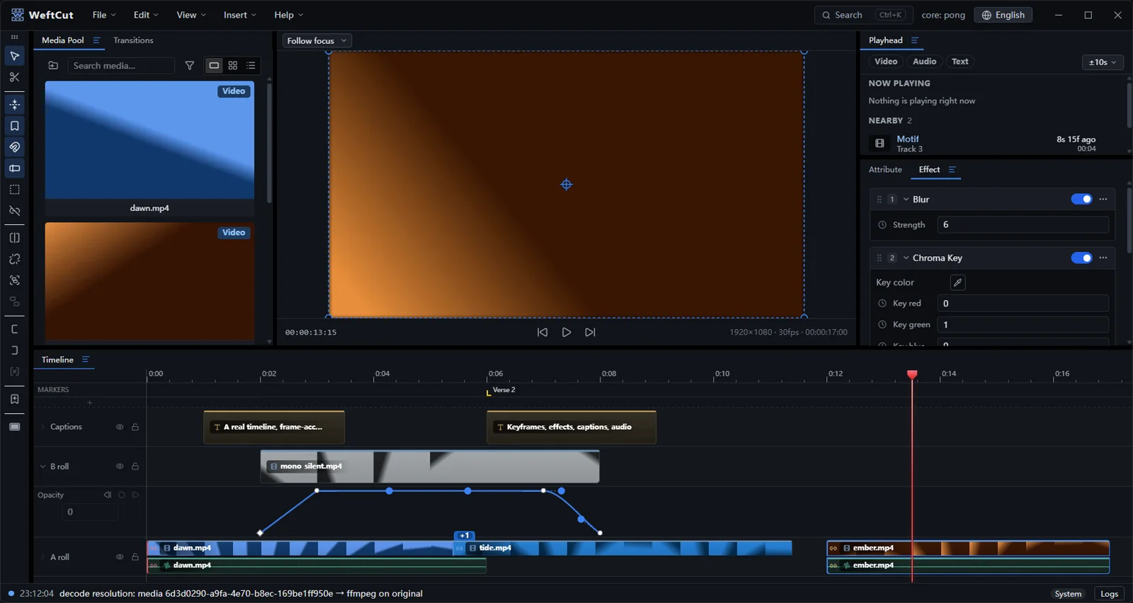 A blur and chroma key stacked in the effect chain for a selected clip