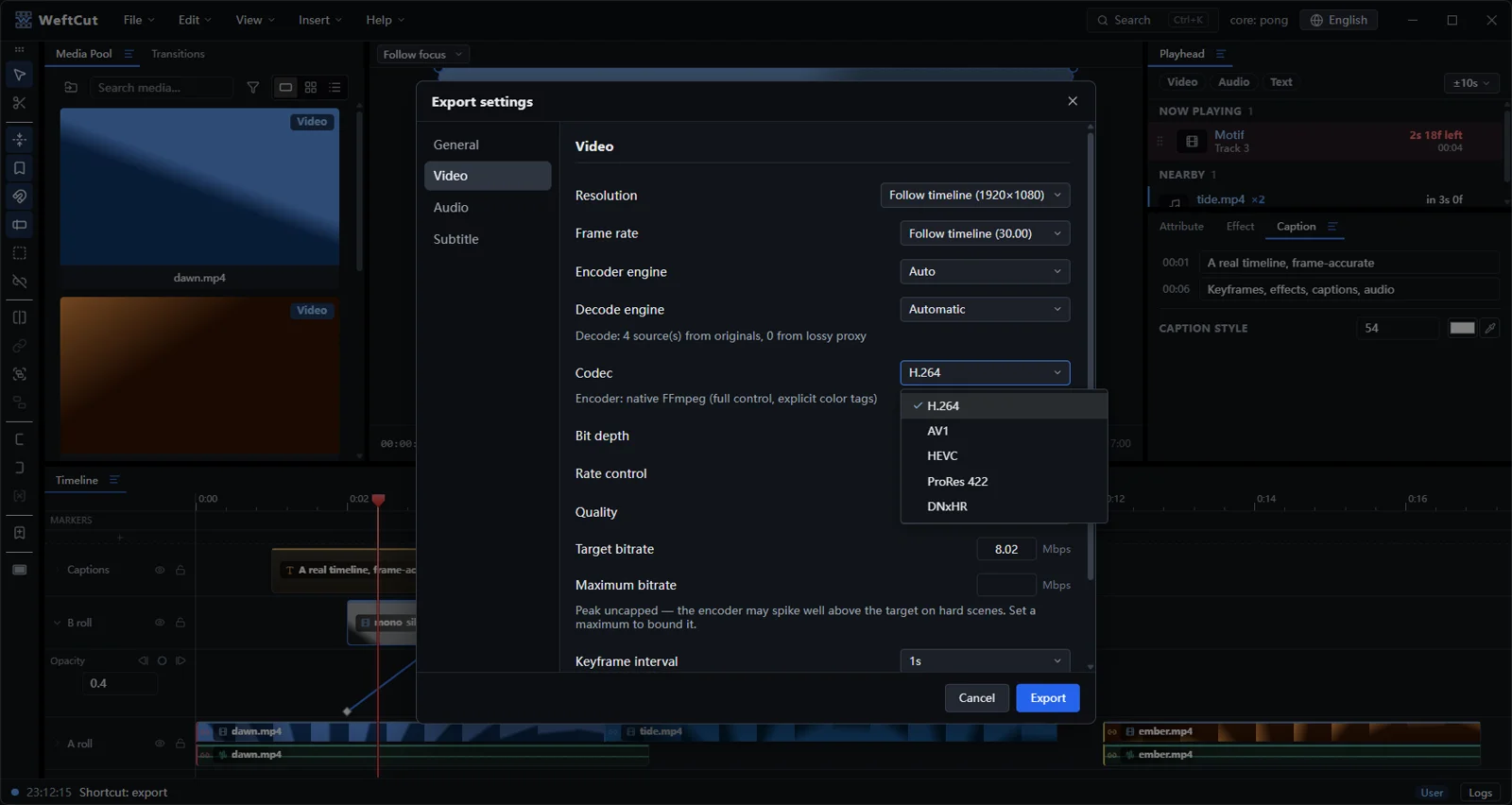 The export dialog with codec settings: H.264, HEVC, AV1, ProRes and DNxHR