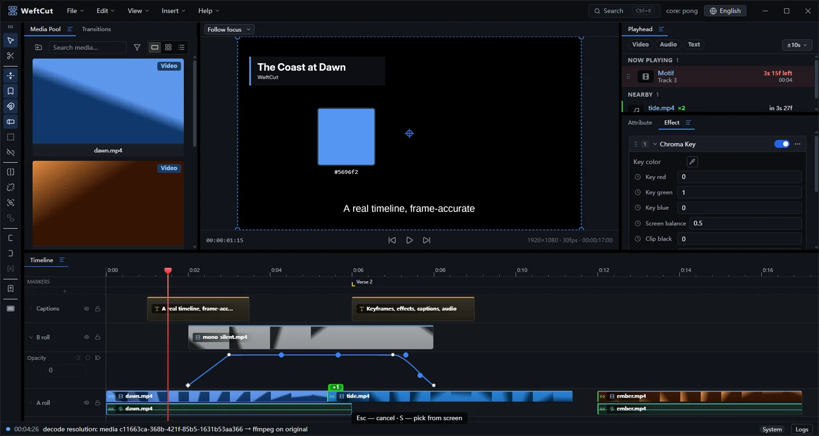 Picking a chroma-key color straight from the preview with the live eyedropper