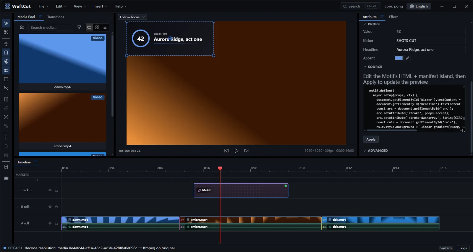 A brand-new Motif on the WeftCut timeline, rendering live in the program monitor while its props and its source sit open beside it