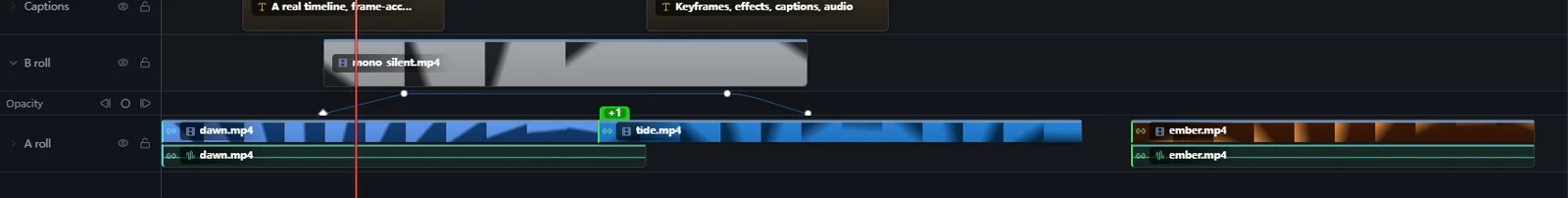 Close-up of the WeftCut timeline: a caption row, clip filmstrips, an audio waveform and a keyframe curve lane